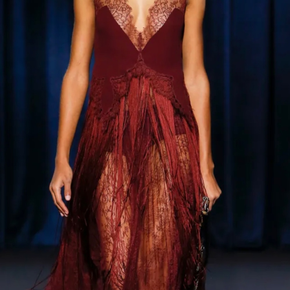 Givenchy NWT $8625. RUNWAY Burgundy Lace Fringe Pleats Dress Gown 8 - Picture 2 of 11